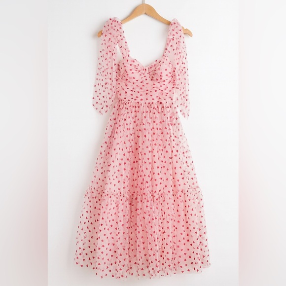 Petal & Pup Dresses & Skirts - Petal & Pup Floret Pink Tulle Red Hearts Midi Dress Tie Straps NWT Valentines S